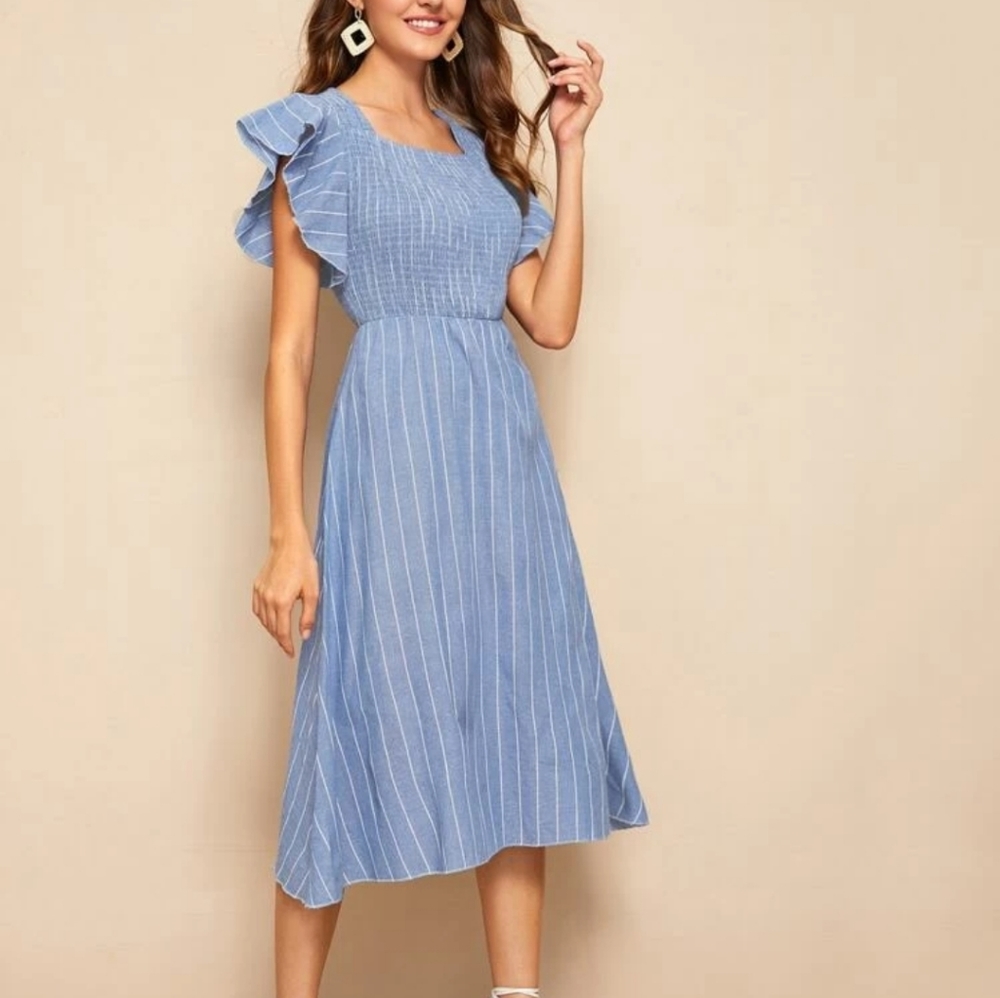 Striped blue white shirred butterfly sleeve Dress